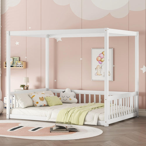 Full Size Kids Canopy Floor Bed Frame with Guardrails