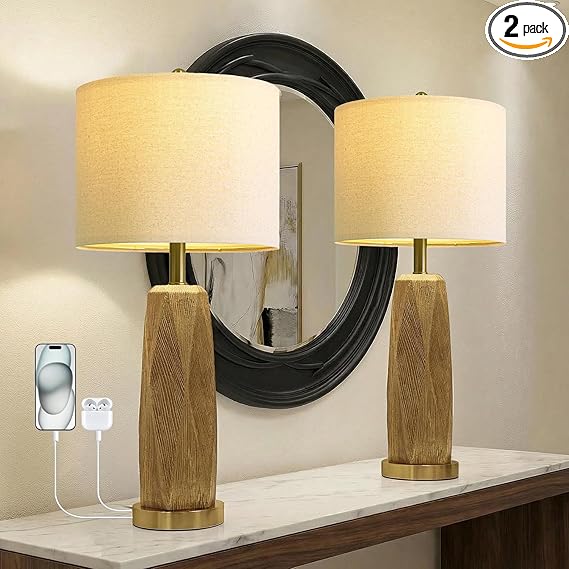 Wood Grain Resin Table Lamps Set of 2 with USB Charging Ports