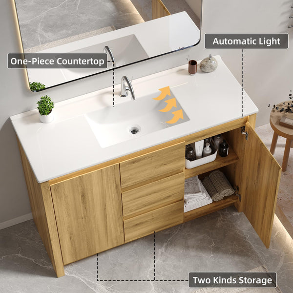 47.2" Mid-Century Bathroom Vanity with Sink, Sensor Light & 3 Drawers