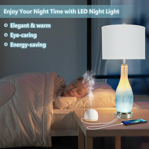 26in Tall Glass Table Lamps Set of 2 with USB Ports & LED Nightlight