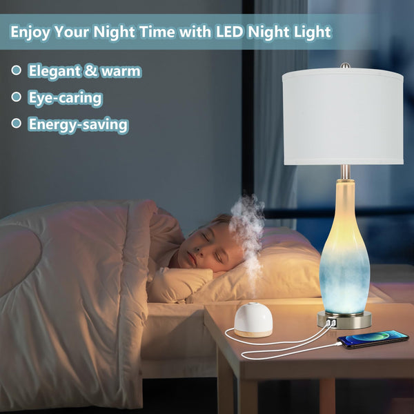26in Tall Glass Table Lamps Set of 2 with USB Ports & LED Nightlight