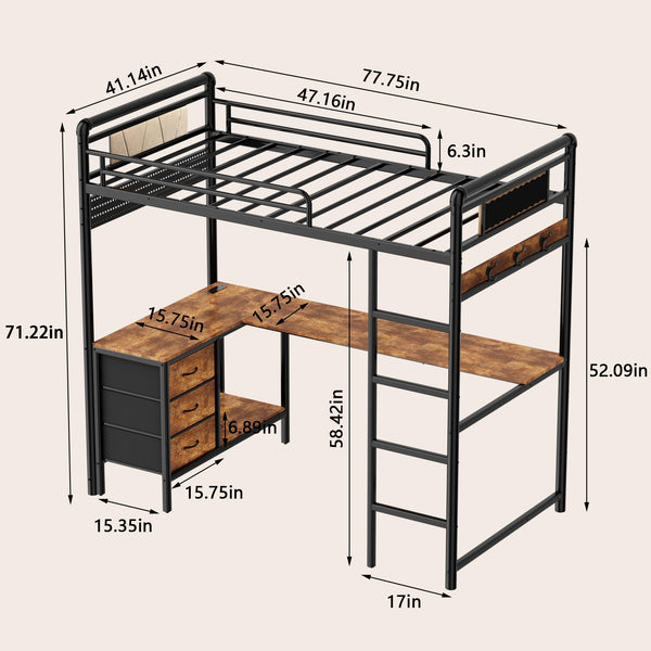 Twin Loft Bed with L-Shaped Desk, LED Lights & Storage