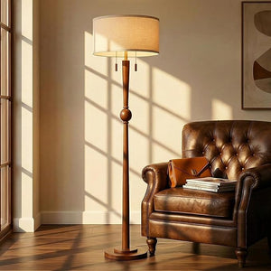 62.8" Solid Wood Floor Lamp with Linen Drum Shade & Pull Chain