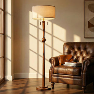 62.8" Wood Floor Lamp with 2-Light Pull Chain & Linen Drum Shade