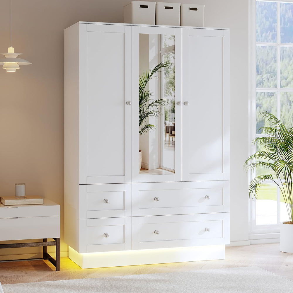 LED Wardrobe Closet with Mirror, 4 Drawers & Hanging Rod