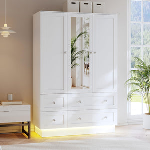 LED Wardrobe Closet with Mirror, 4 Drawers & Hanging Rod