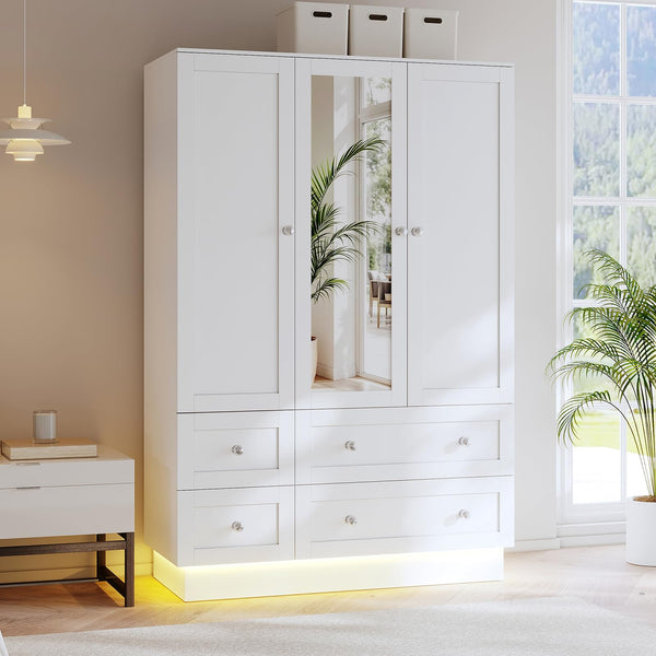 LED Wardrobe Closet with Mirror, 4 Drawers & Hanging Rod