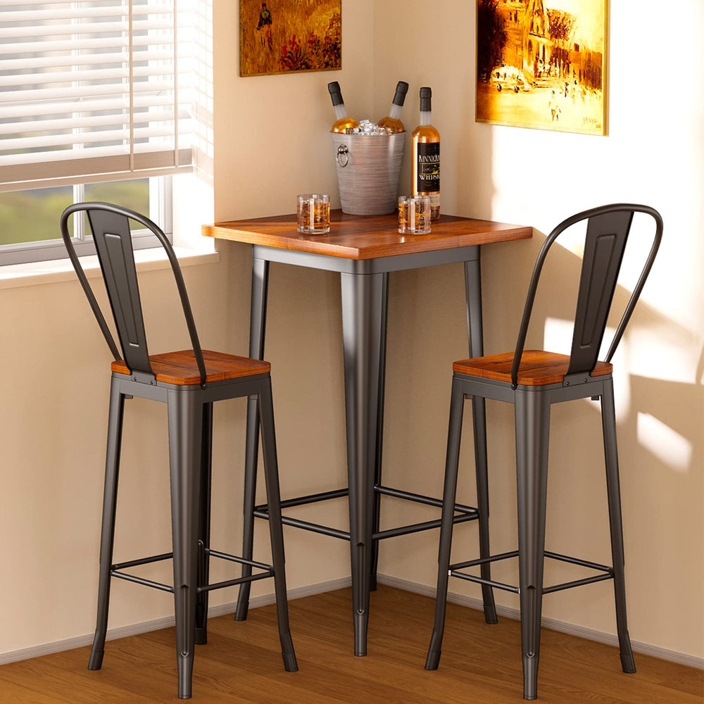 Bar Table and 2 Chairs Set with Elm Wood & Metal Frame