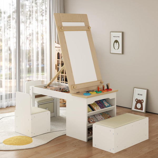 Kids 3-in-1 Art Table and Chair Set with Easel, Storage & Paper Roll