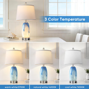 Coastal Glass Table Lamp Set of 2 – 7 Lighting Modes, USB Charging, LED Bulbs Included