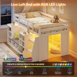 Twin Low Loft Bed with Storage, LED Lights & Reading Nook