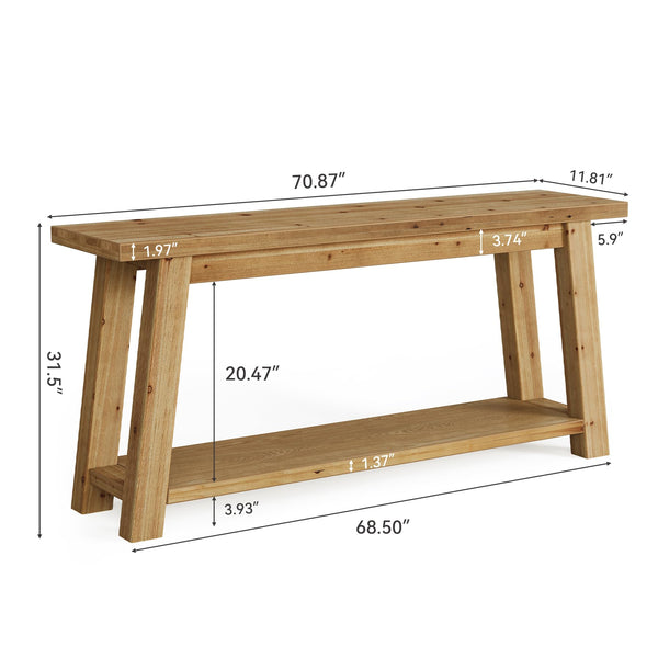 70.9" Solid Wood Console Table with 2-Tier Storage Shelf