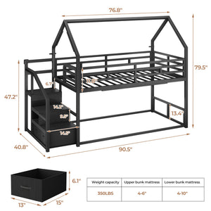 Twin Over Twin Metal Bunk Bed with Storage Staircase & LED Lighting