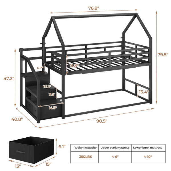 Twin Over Twin Metal Bunk Bed with Storage Staircase & LED Lighting