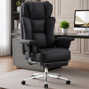 Office Desk Chair, High-Back Big and Tall Leather Chair with Footrest, Ergonomic Reclining Computer Chairs, Comfy Executive Wide Chair with Lumbar Support, Adjustable Padded Armrests, 400LBS (Black)