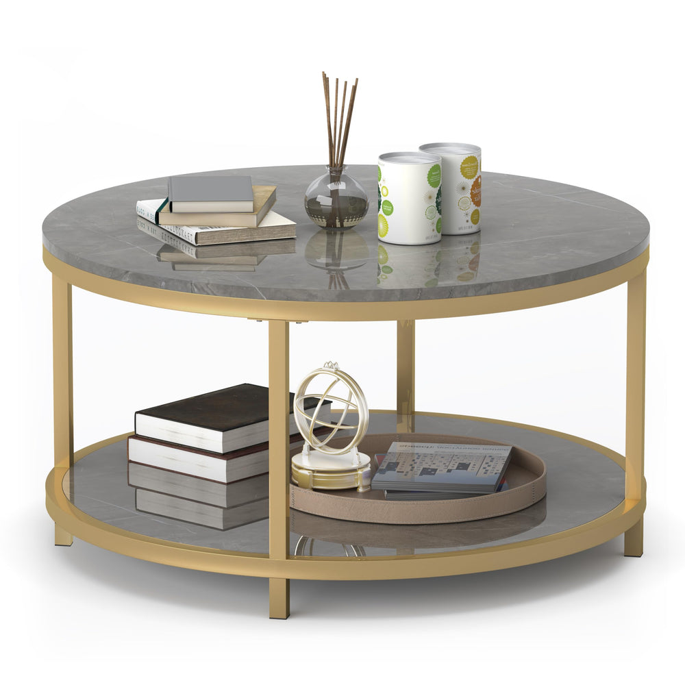 Round Coffee Table with Open Shelf, 33.5" Faux Marble Top, Gold Metal Legs