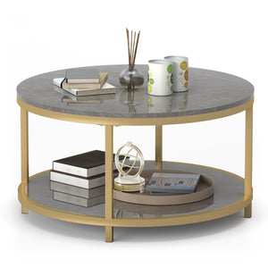Round Coffee Table with Open Shelf, 33.5" Faux Marble Top, Gold Metal Legs