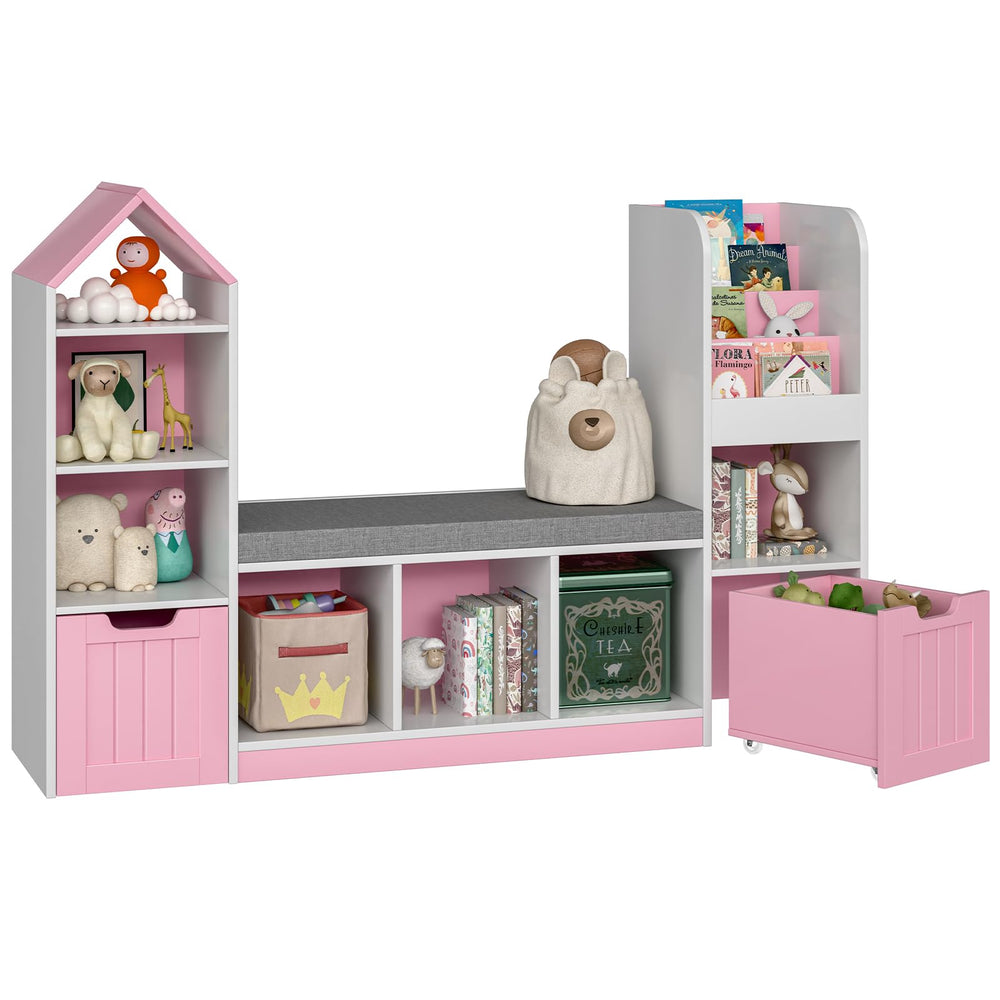 Kids Bookcase with Reading Nook – 7 Cubbies, 2 Drawers & Seat Cushion