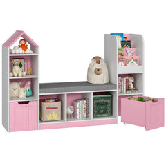 Kids Bookcase with Reading Nook – 7 Cubbies, 2 Drawers & Seat Cushion
