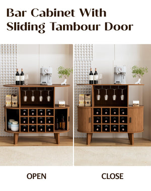 Wine Bar Cabinet with Sliding Tambour Door, Glass Shelves & 12 Wine Racks
