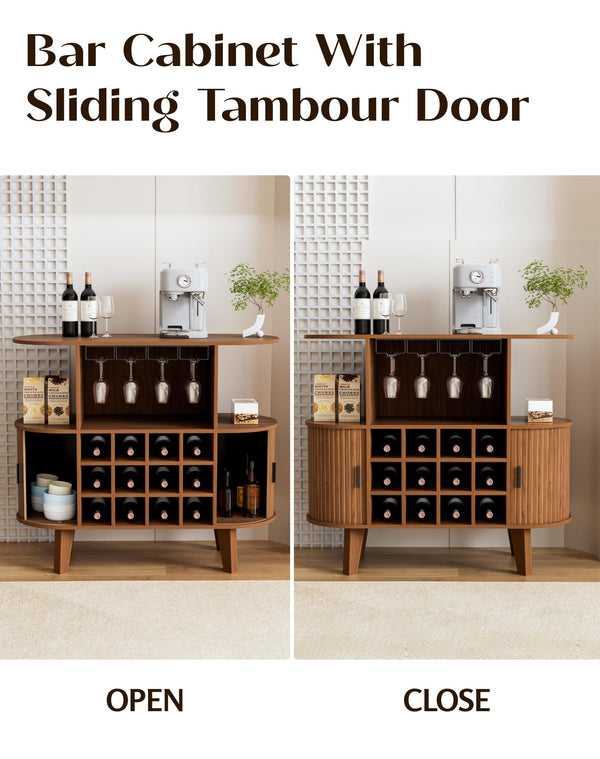 Wine Bar Cabinet with Sliding Tambour Door, Glass Shelves & 12 Wine Racks
