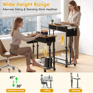 C-Shaped Rolling Standing Desk with Drawers and Storage Shelf