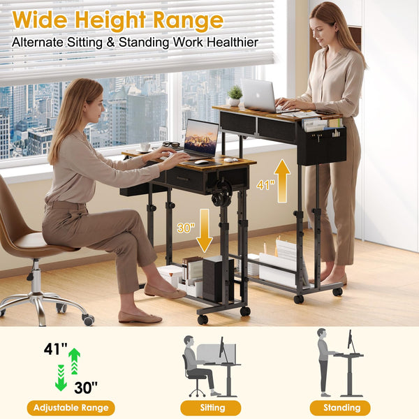 C-Shaped Rolling Standing Desk with Drawers and Storage Shelf