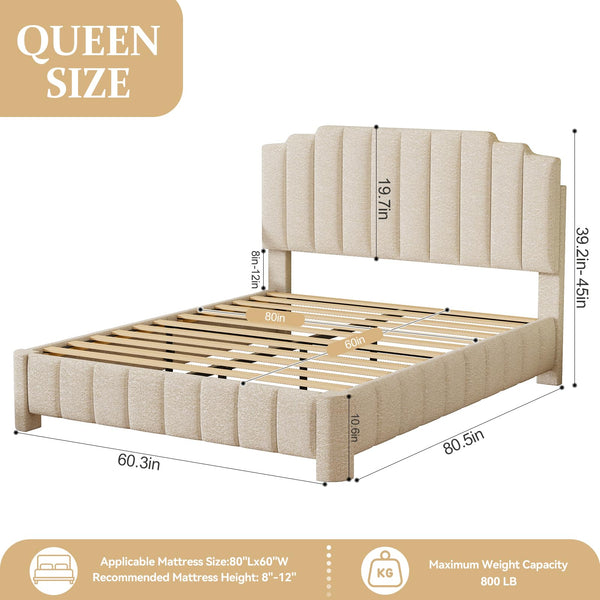 Queen Bed Frame with Adjustable Headboard & Boucle Upholstery