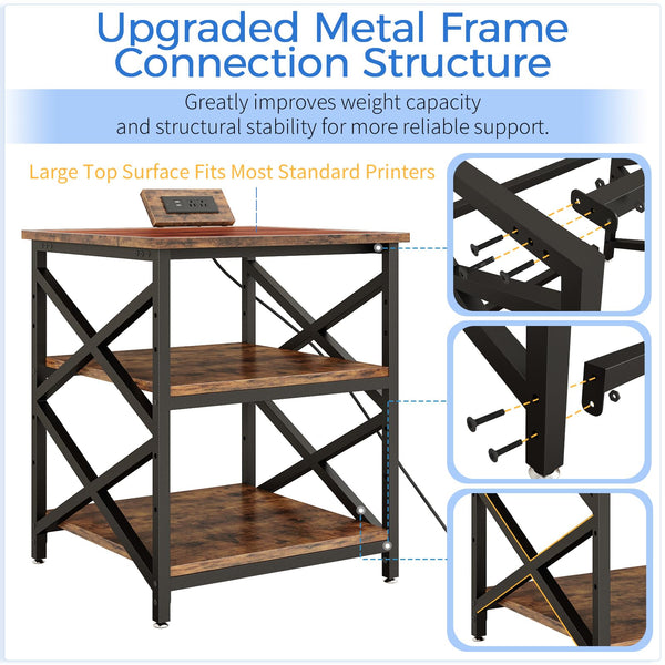 3-Tier Rolling Printer Cart with Power Outlet & Adjustable Shelf