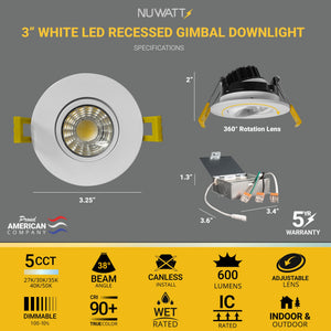 3-Inch Adjustable LED Gimbal Recessed Light – 5 CCT, Dimmable, Canless, 16-Pack
