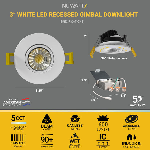 3-Inch Adjustable LED Gimbal Recessed Light – 5 CCT, Dimmable, Canless, 16-Pack