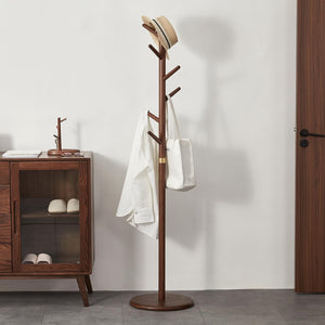 Ash Wood Freestanding Coat Rack with 6 Hooks – Walnut Brown