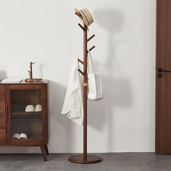 Ash Wood Freestanding Coat Rack with 6 Hooks – Walnut Brown