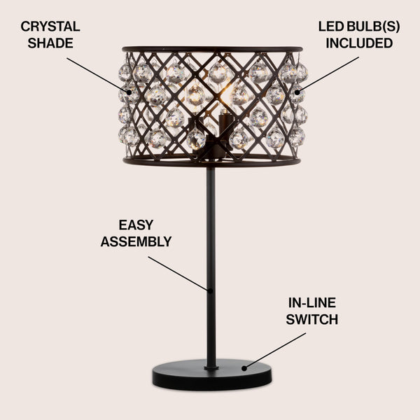 22.5" Oil Rubbed Bronze 2-Light Crystal and Iron Table Lamp