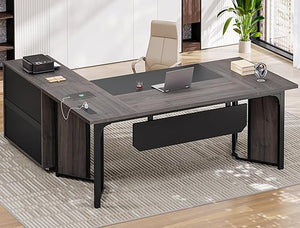 63" Executive Desk with Mobile File Cabinet, Power Outlets & Storage Shelves