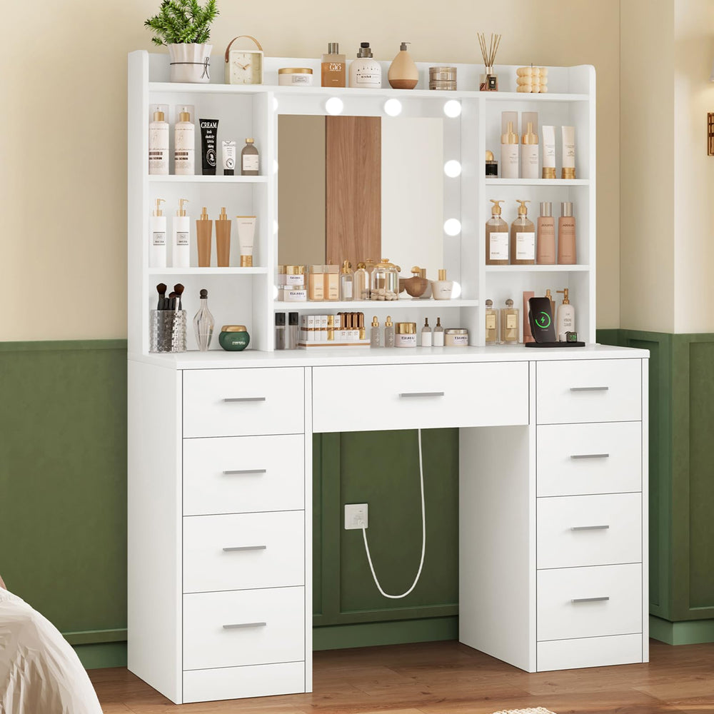 White Vanity Desk with Mirror, Lights & 9 Drawers
