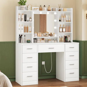 White Vanity Desk with Mirror, Lights & 9 Drawers
