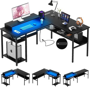 L-Shaped Computer Desk with Power Outlets & Monitor Stand