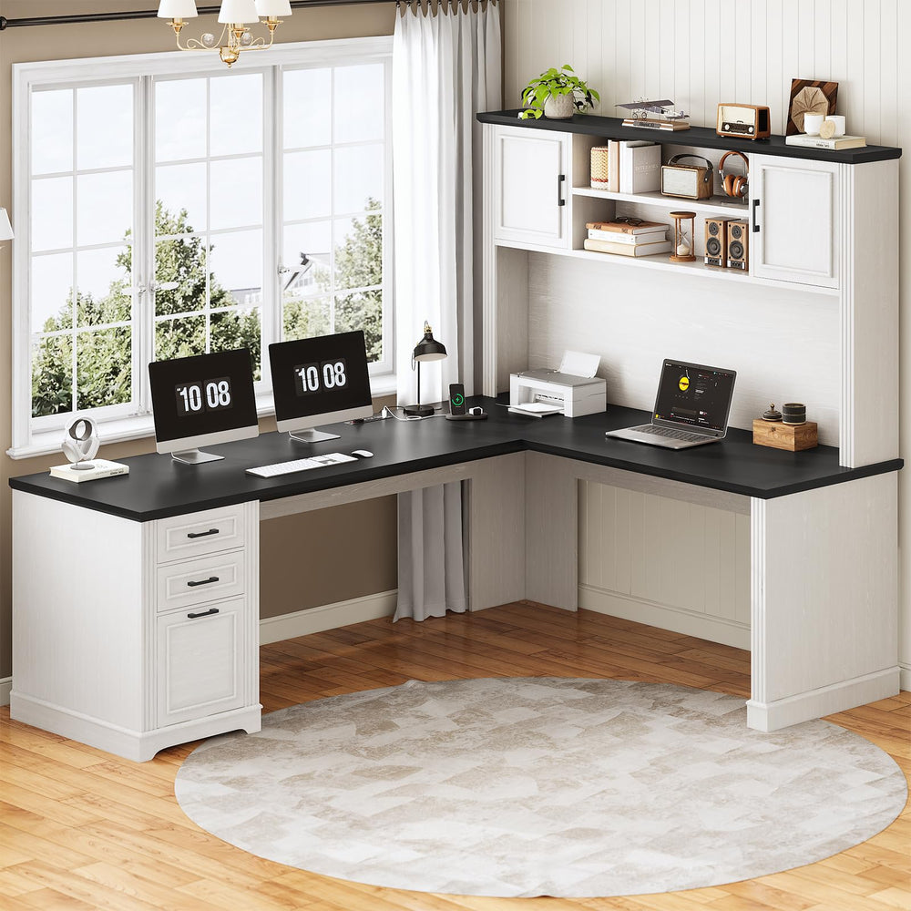 L-Shaped Desk with Hutch, Drawers & Power Outlet
