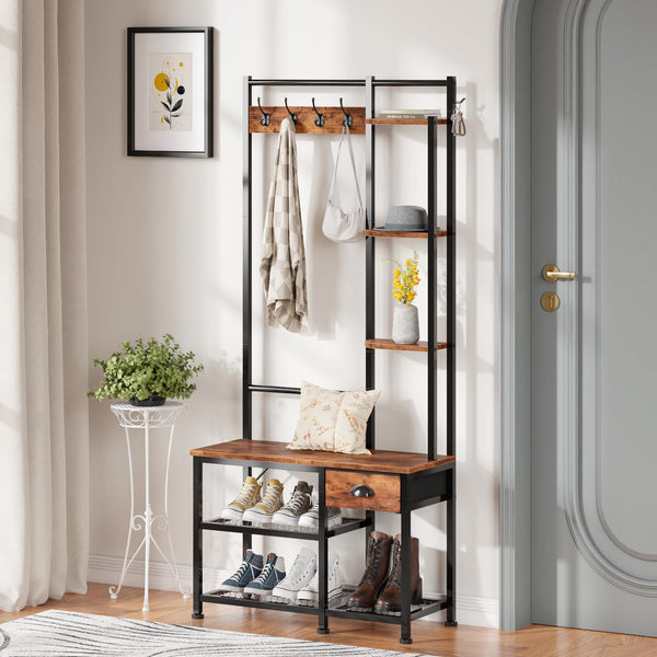 4-in-1 Entryway Hall Tree with Bench, Coat Rack & Shoe Storage
