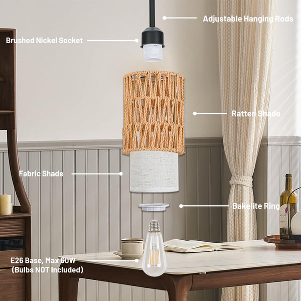 Rattan Boho Pendant Light with Linen Shade & Iron Rods | Adjustable Height