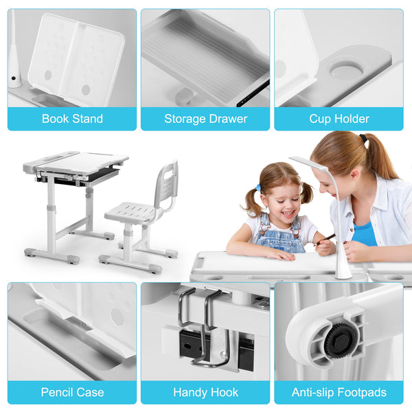 Kids Height-Adjustable Desk & Chair Set with LED Lamp