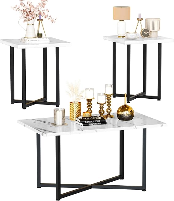 Industrial Coffee Table Set of 3 with 2 End Side Tables