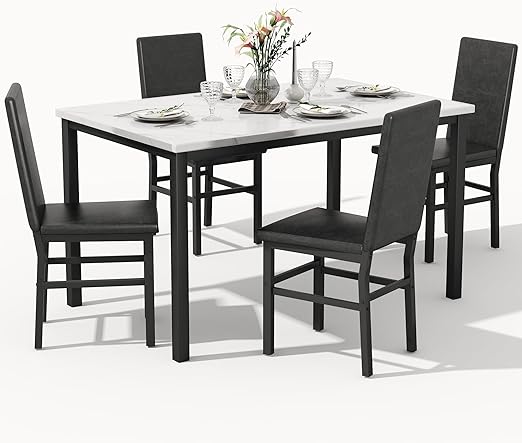 5-Piece Faux Marble Dining Table Set with 4 Upholstered Chairs