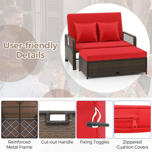 PE Rattan Double Chaise Lounge Set with Adjustable Back & Storage Ottoman