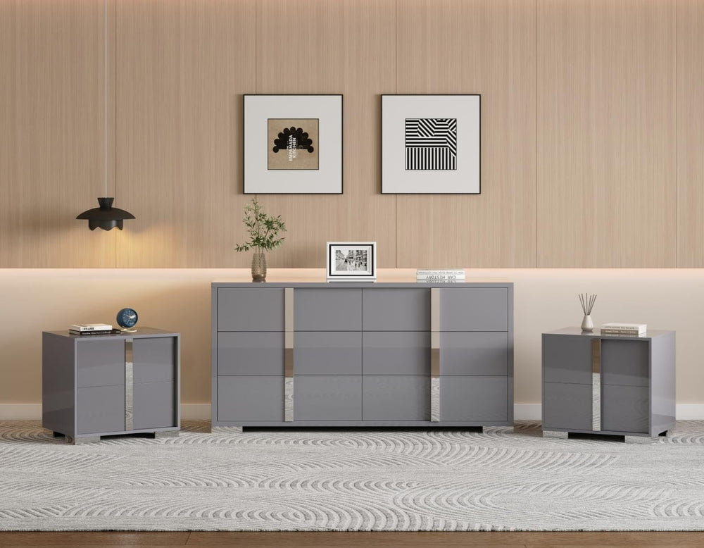 3-Piece Bedroom Set with 6-Drawer Dresser & 2 Nightstands, Grey