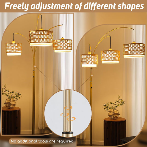 3-Light Arc Floor Lamp with Rattan Wicker Shades, 80 Inch Tall Standing Lamp