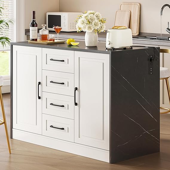 Kitchen Island with Storage Cabinets, Drawers & Power Outlet