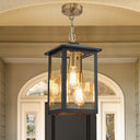 3-Light Outdoor Hanging Lantern Pendant – Farmhouse Black & Gold, Clear Glass