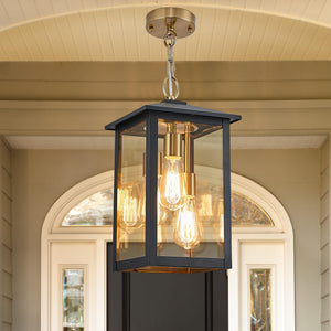 3-Light Outdoor Hanging Lantern Pendant – Farmhouse Black & Gold, Clear Glass